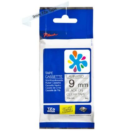 Brother TZe-121 9mm Şeffaf üzerine Siyah Laminasyonlu Muadil Etiket - 1
