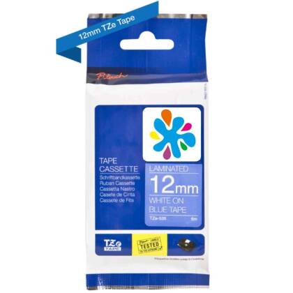 Brother TZe-535 12mm Mavi üzerine Beyaz Muadil Etiket - 1